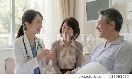 A female doctor talking to a hospitalized patient in their room. 138065983
