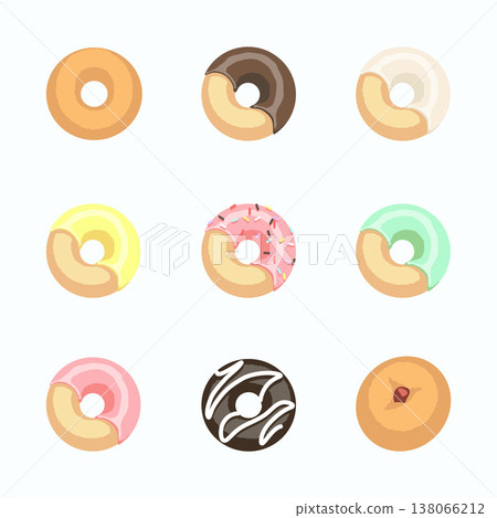 A set of 9 colorful donut illustrations (vector, flat pop) 138066212