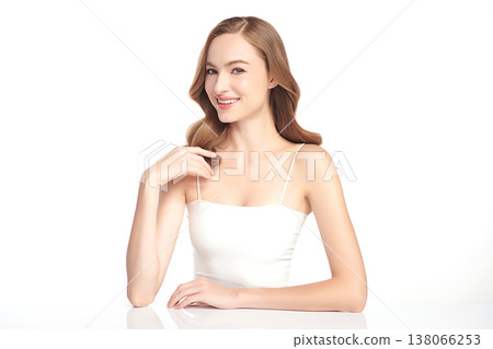 A beautiful young woman with clean, fresh skin against a white background. Skincare, facial treatment, cosmetology, beauty, and spa. An elegant portrait of an woman. A beautiful young woman with clean, fresh skin against a white background. Skincare, facial treatment, cosmetology, beauty, and spa. An elegant portrait of an woman. 138066253