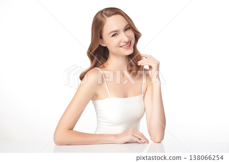 A beautiful young woman with clean, fresh skin against a white background. Skincare, facial treatment, cosmetology, beauty, and spa. An elegant portrait of an woman. A beautiful young woman with clean, fresh skin against a white background. Skincare, facial treatment, cosmetology, beauty, and spa. An elegant portrait of an woman. 138066254