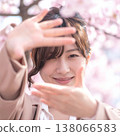 A spring portrait of a smiling person framing a scene with their hands amidst cherry blossoms in full bloom. 138066583