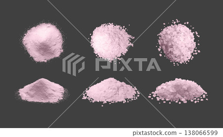 A set of realistic piles of Himalayan pink salt, fine and coarse, in top and side views. 138066599