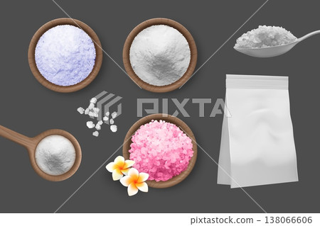 Himalayan pink salt in bowl top view, regular table and sea salt in spoon, bag, realistic seasoning, spa mineral powder 138066606