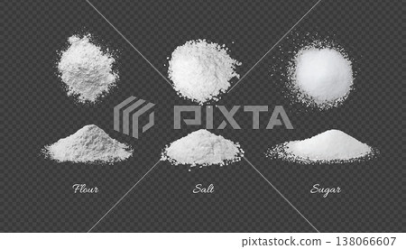A realistic set of white crystalline piles of flour, salt, and sugar, viewed from the side and top. A realistic set of white crystalline piles of flour, salt, and sugar, viewed from the side and top. 138066607