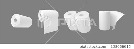 White hygiene tissue roll mock up vector set, 3D realistic kitchen towel, bathroom sanitary tube wrap napkin scroll 138066615