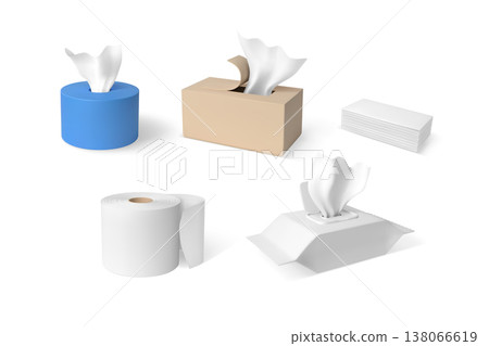 White hygiene tissue roll and in box packages 3D mock up vector set, realistic kitchen towel, wrap napkins, toilet paper 138066619