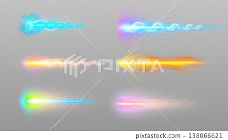 Bright multicolored smoke trails from magic weapon shots, glowing effects, particles, and sparks. Bright multicolored smoke trails from magic weapon shots, glowing effects, particles, and sparks. 138066621