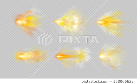 Gun shot with orange fire and smoke effects vector set, weapon firing blast, realistic flying gun bullet explosion trail 138066622