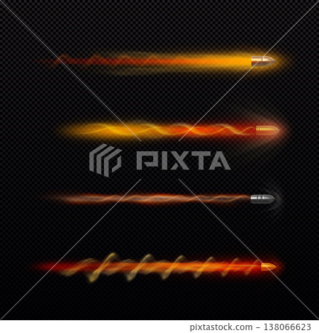 Realistic set of flying bullets with smoke trace on dark background, vector gunshot fire trail, projectiles streaks Realistic set of flying bullets with smoke trace on dark background, vector gunshot fire trail, projectiles streaks 138066623