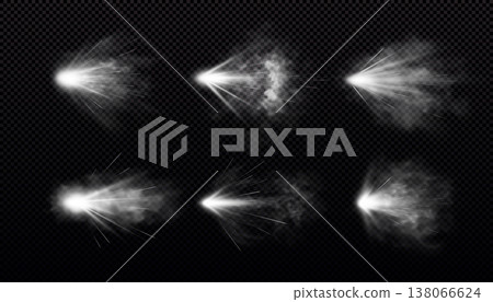 Gun shot with white fire and smoke effects vector set, weapon firing blast, realistic flying gun bullet explosion trails Gun shot with white fire and smoke effects vector set, weapon firing blast, realistic flying gun bullet explosion trails 138066624