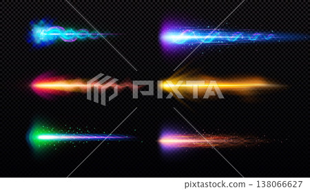 A set of neon multicolored gunshot trails, magic weapons, glowing smoke trails with sparks. A set of neon multicolored gunshot trails, magic weapons, glowing smoke trails with sparks. 138066627