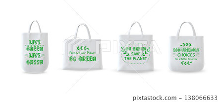 White tote bags in various shapes with green lettering and eco-themed graphics. White tote bags in various shapes with green lettering and eco-themed graphics. 138066633