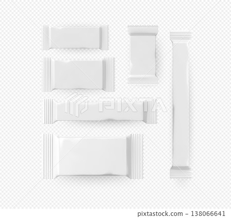 Realistic candy white paper or plastic package mockup vector set, product wrapper blank, chocolate bar container design 138066641