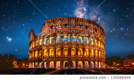 羅馬競技場在星空的襯托下，燈火輝煌，熠熠生輝。 138066646