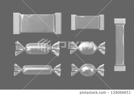 Realistic candy transparent polyethylene package mockup vector set, empty product twisted pouch and flow wrapper blank 138066651