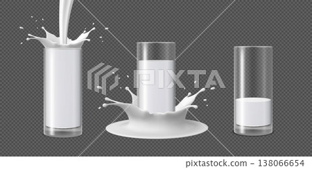 A set of glass glasses with milk, splashes, swirls, drops, pouring, and spilled. A set of glass glasses with milk, splashes, swirls, drops, pouring, and spilled. 138066654