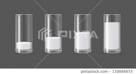 A set of glass glasses with dairy products and varying filling levels. 138066655