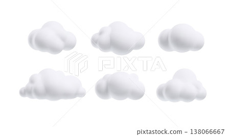Set of white clouds 3D vector icons set, cartoon weather forecast cloudy symbol, realistic meteorology design element 138066667