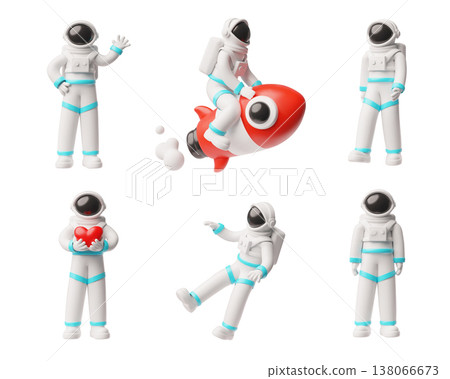 Astronaut soaring in weightlessness, flying on a rocket, holding heart, waving his hand 3D cartoon style vector set 138066673