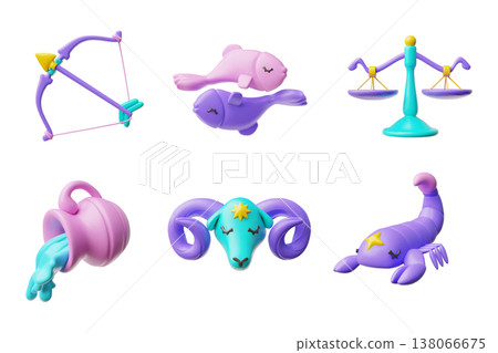 3D set of cartoon zodiac signs: Sagittarius, Pisces, Libra, Aquarius, Aries, and Scorpio. 3D set of cartoon zodiac signs: Sagittarius, Pisces, Libra, Aquarius, Aries, and Scorpio. 138066675