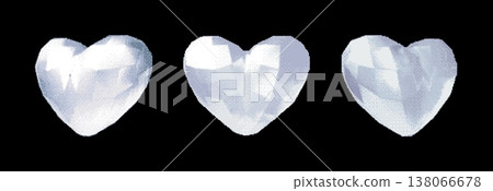 Diamond heart 3D shape pixel art vector icons set, retro 8 bit video game shiny gem stone, brilliant stone love symbol 138066678