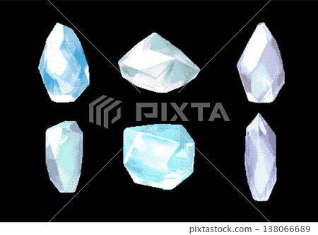 Pixelated faceted crystals, diamonds, transparent effect, holographic glowing surface. 138066689