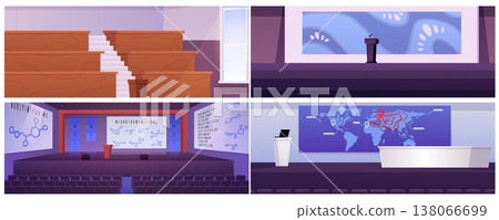 A set of empty lecture hall backgrounds with pricing, a podium, a screen, and rows. A set of empty lecture hall backgrounds with pricing, a podium, a screen, and rows. 138066699