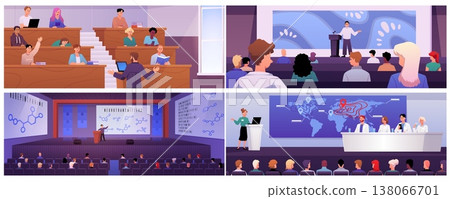 A set of backgrounds featuring lecture halls, speakers, and an audience. 138066701