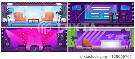 A collection of empty TV show studios with furniture, cameras, screen, stage, and microphone. A collection of empty TV show studios with furniture, cameras, screen, stage, and microphone. 138066705