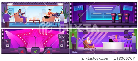 Talent show stage, talk show, interview, Quiz show stage, TV news in studio interior, TV translation vector flat set 138066707