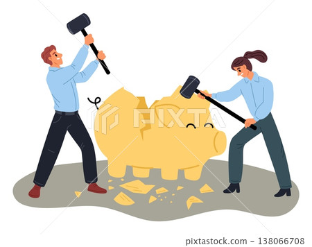Businessmen break open piggy bank with hammer. Finance needy. Business people smashing moneybox with sledgehammer. Cash savings. Vector concept of financial problems or economy crisis Businessmen break open piggy bank with hammer. Finance needy. Business people smashing moneybox with sledgehammer. Cash savings. Vector concept of financial problems or economy crisis 138066708