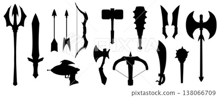 A set of black silhouettes of medieval weapons, game design. 138066709