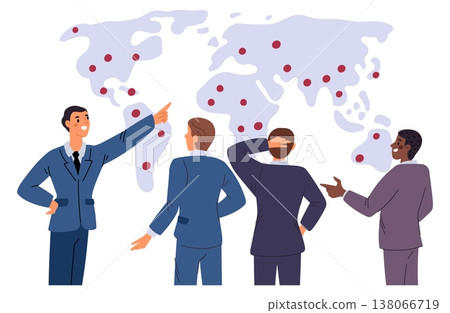 Businesspeople discuss international business development strategies against backdrop of world map. Partners conference. Diplomacy and negotiation. Group communication. Vector concept 138066719