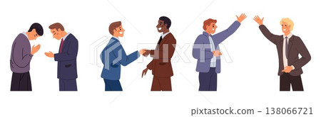 Businesspeople from different countries greet each other. Partners welcome handshakes. Multicultural hand gestures of greetings. Vector set of characters using business communication 138066721