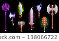 A set of magical medieval weapons with glowing particles and blazing magical fire. 138066722