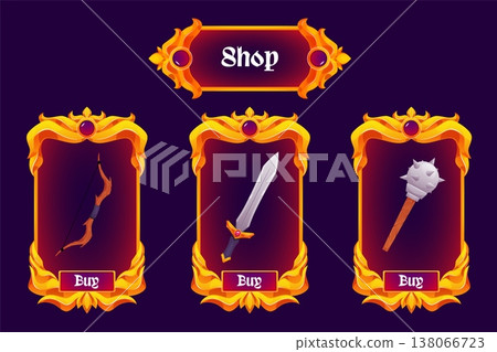 A set of golden frames with a bow, mace, and sword, for a game store interface. A set of golden frames with a bow, mace, and sword, for a game store interface. 138066723
