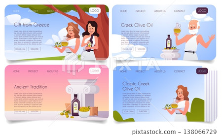 Greek olive oil, green olive fruits farm products landing page vector set, Greece healthy organic food and productions 138066729