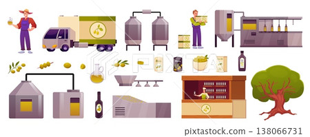 Olive oil production or manufacture process collection from cultivation to finished product flat vector set, factory 138066731