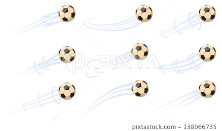 Flying soccer balls with air movement marks. Speed motion flow. Track effect. Championship hit and pass. Flight trail. Tournament shot. Vector set of sports equipment for playing football Flying soccer balls with air movement marks. Speed motion flow. Track effect. Championship hit and pass. Flight trail. Tournament shot. Vector set of sports equipment for playing football 138066735