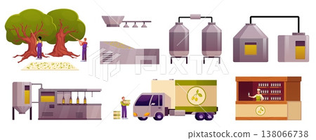 A set of isolated illustrations depicting the olive oil production process. 138066738