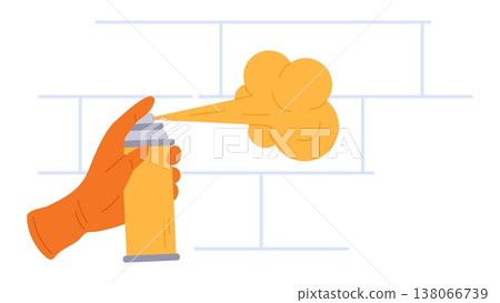 Hand holds spray can and spraying yellow paint on wall. Aerosol painting. Home renovation. Tile repair. Graffiti splash. Pigment splatters flow. Street art and vandalism. Vector concept 138066739