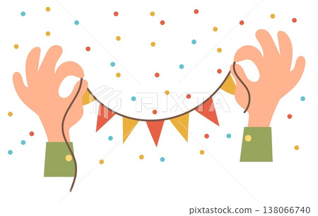 Hands holding colorful paper flags with confetti. Carnival party decoration. Birthday celebration. Arms hanging pennants garland for holiday decor. Anniversary happy joy. Vector concept 138066740