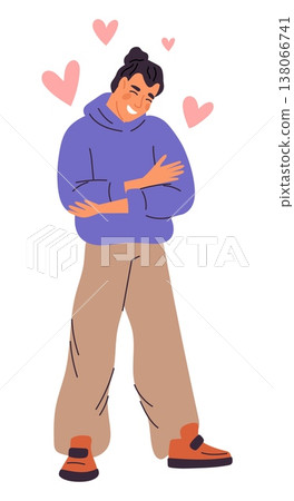 Happy young man hugging himself. Psychological mind health. Inner peace care embrace. Mindfulness and self-esteem. Support cuddle. Vector concept of self love and positive acceptance 138066741