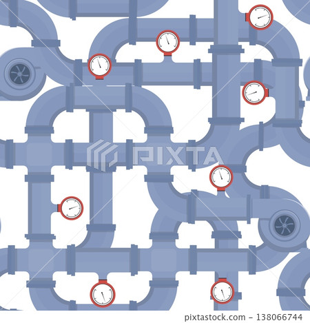 Intertwining water pipes with pumps and pressure gauges seamless pattern. Curved tube constructions. Sewer faucets. Repeated print. Pipeline drainage. Sewerage repair. Vector background Intertwining water pipes with pumps and pressure gauges seamless pattern. Curved tube constructions. Sewer faucets. Repeated print. Pipeline drainage. Sewerage repair. Vector background 138066744