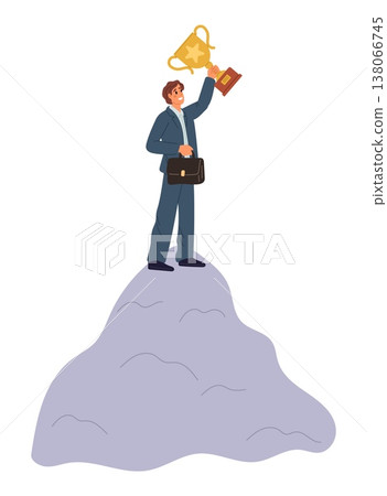 Joyful businessman standing on top of mountain with winners cup in hand. Leader achievement. Rivalry victory. Award gold goblet. Overcome obstacles. Vector concept of success in business 138066745