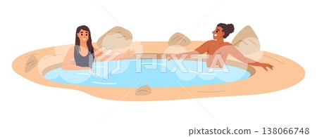 Man and woman relax in hot springs at spa resort. Couple in thermae bath. Thermal pool. People bathing and heating together. Group steaming bathhouse. Wellness procedure. Vector concept 138066748