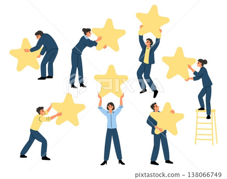 Men and women in business suits holding gold stars. Ranking evaluation. Feedback review. Customer rating. Satisfaction grade. Businessman recommends. Satisfied people poses vector set 138066749
