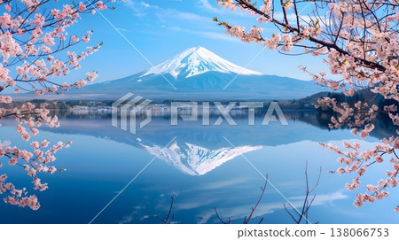 完美的春日景象:櫻花盛開,富士山倒映在湖面上。 完美的春日景象:櫻花盛開,富士山倒映在湖面上。 138066753