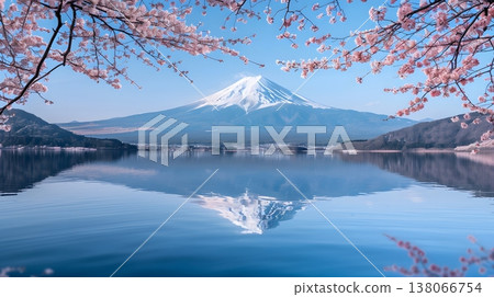 完美的春日景象:櫻花盛開,富士山倒映在湖面上。 完美的春日景象:櫻花盛開,富士山倒映在湖面上。 138066754