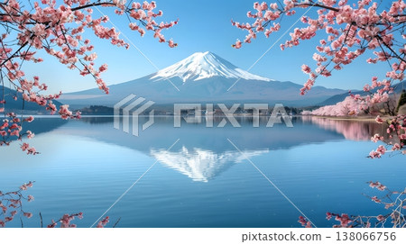 A perfect spring spectacle: cherry blossoms and Mount Fuji reflected in the lake. 138066756